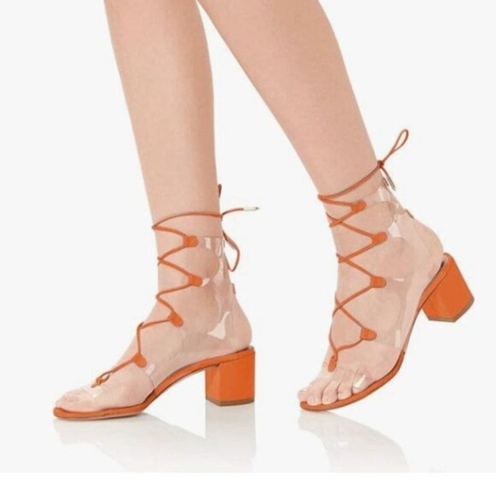 YDN Orange Open Toe Chunky Heel Gladiator Clear Sandals Lace up PVC Cutout Shoes